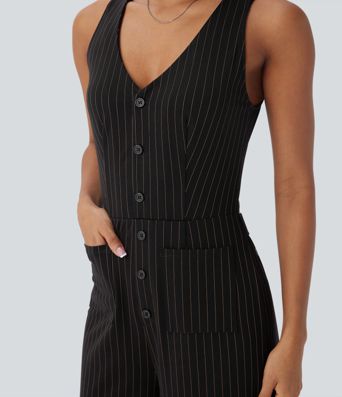 V Neck Sleeveless Cut Out Pockets Wide Leg Stripe  Work Jumpsuit