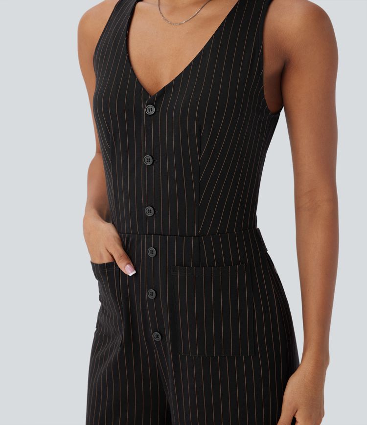 V Neck Sleeveless Cut Out Pockets Wide Leg Stripe  Work Jumpsuit