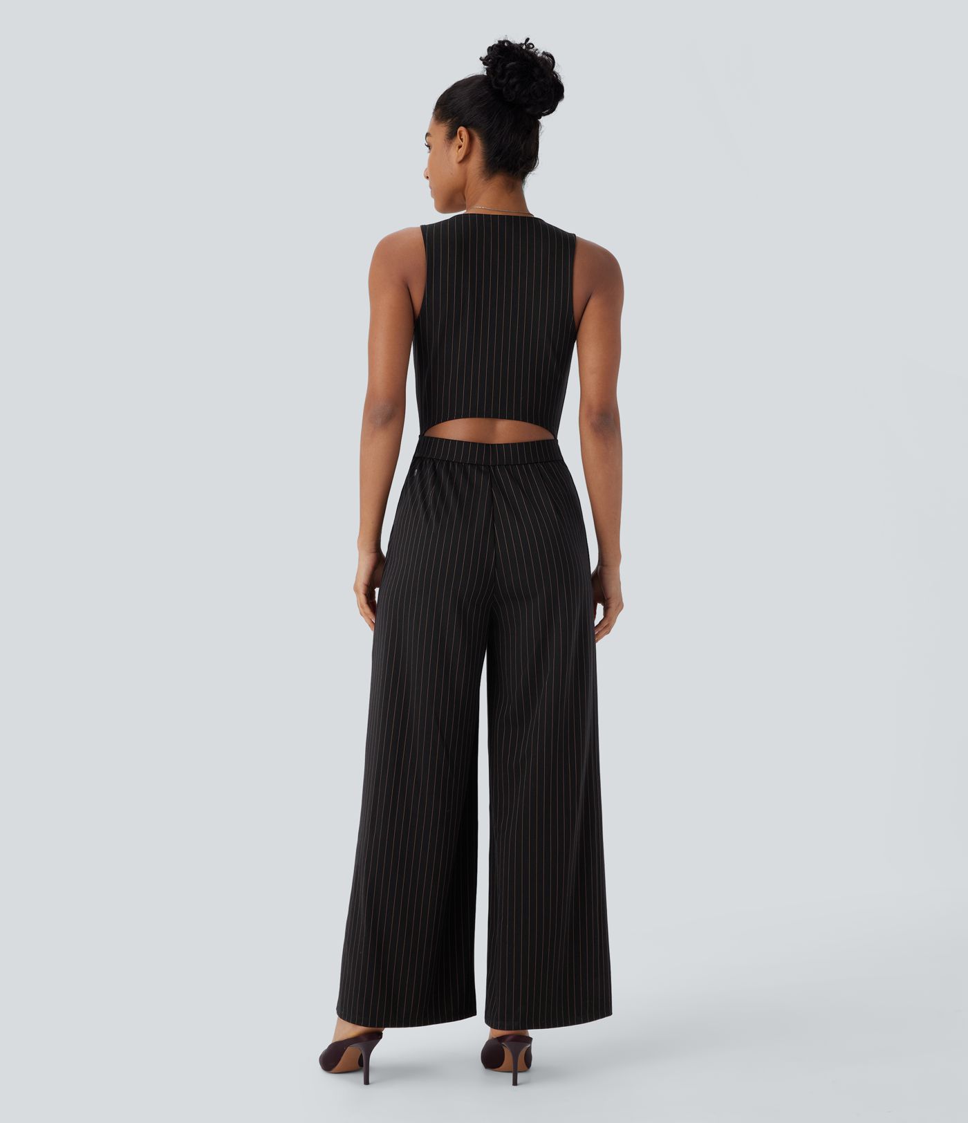 V Neck Sleeveless Cut Out Pockets Wide Leg Stripe  Work Jumpsuit