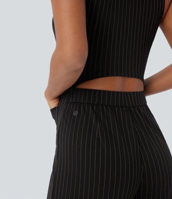 V Neck Sleeveless Cut Out Pockets Wide Leg Stripe  Work Jumpsuit