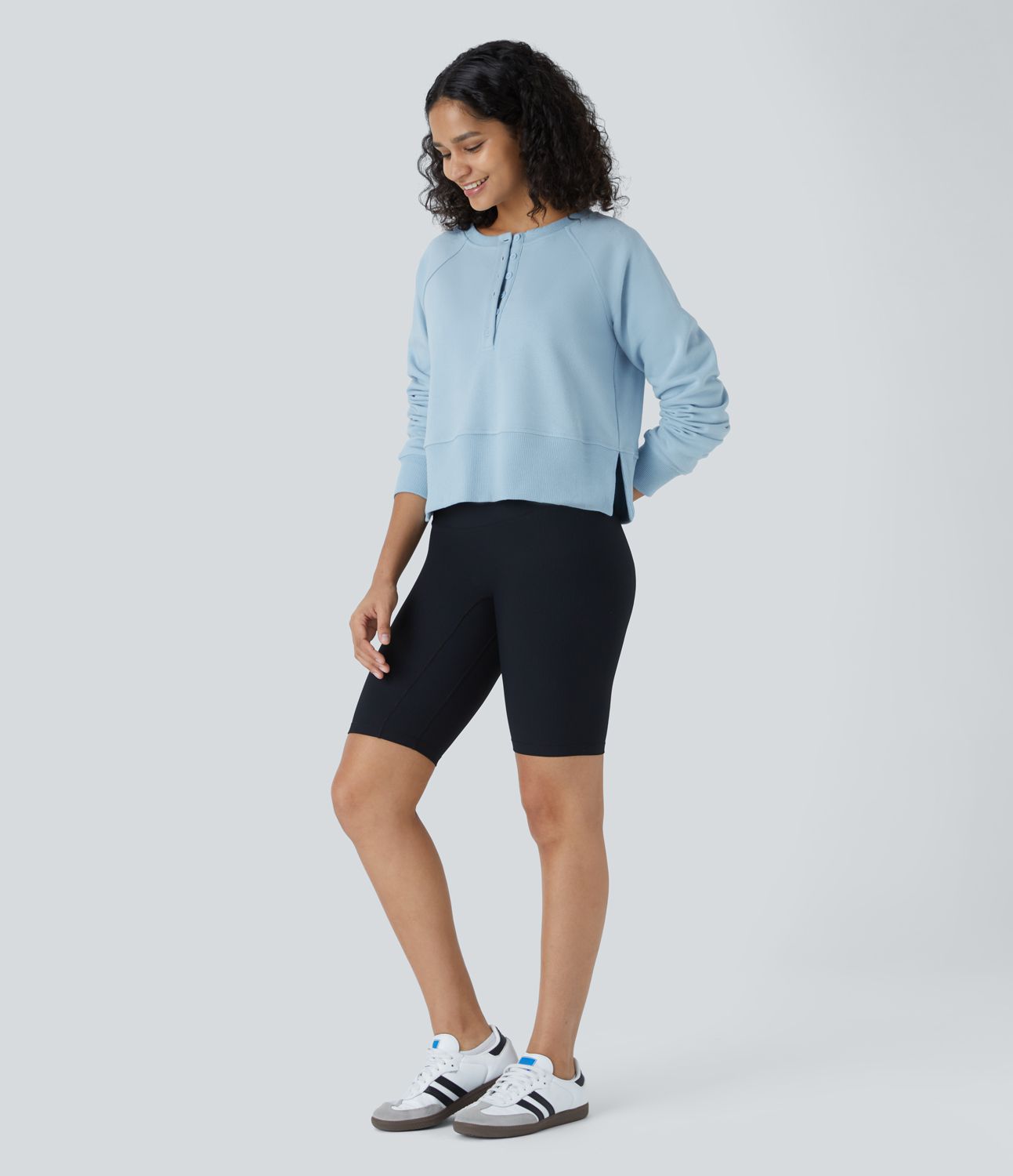 Henley Neck Button Front Long Sleeve Split Ribbed Hem Casual Sweatshirt