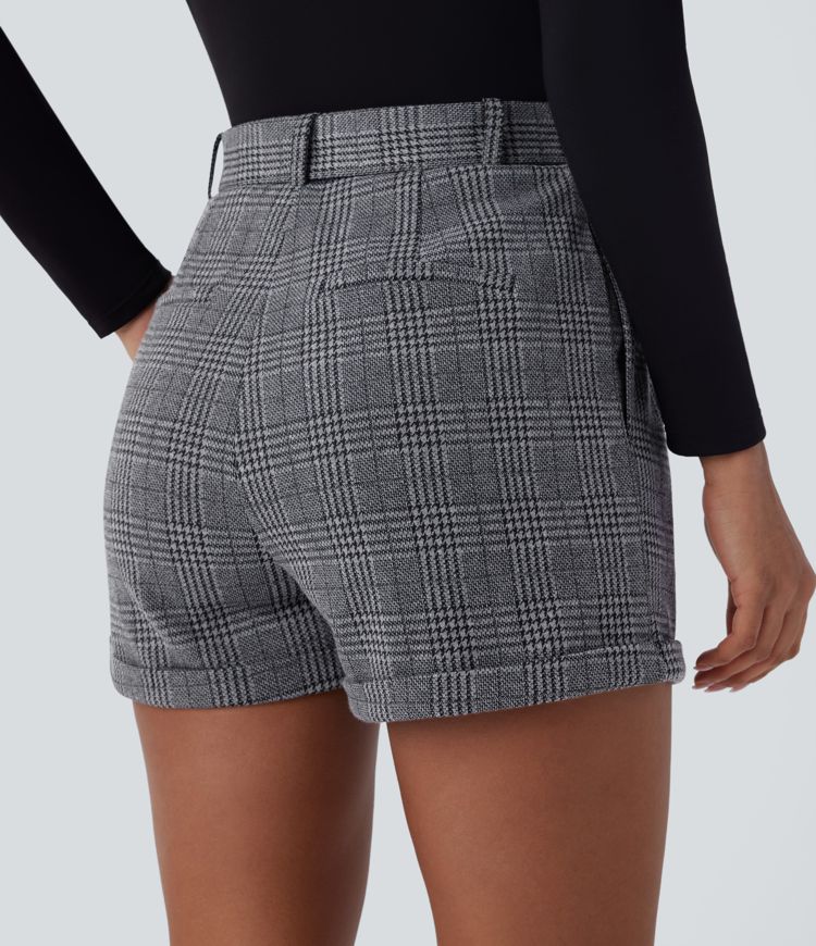High Waisted Belted Side Pocket Rolled Hem Houndstooth Plaid Work Shorts