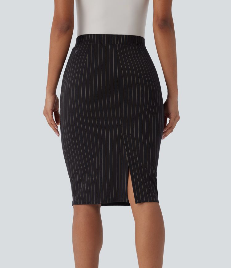 High Waisted Side Pocket Split Hem Cool Touch Stripe Bodycon Work Skirt
