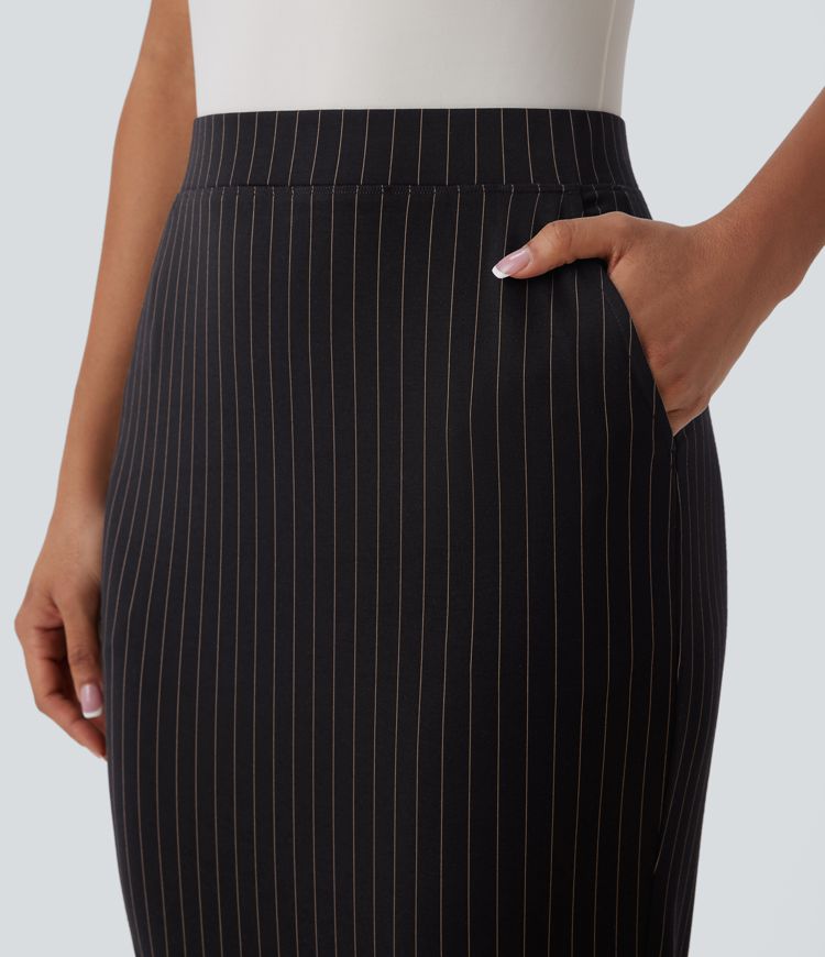Falda oficina ajustada tiro alto bolsillo lateral dobladillo dividido rayas tacto agradable