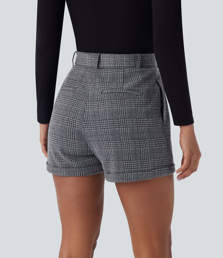 High Waisted Belted Side Pocket Rolled Hem Houndstooth Plaid Work Shorts