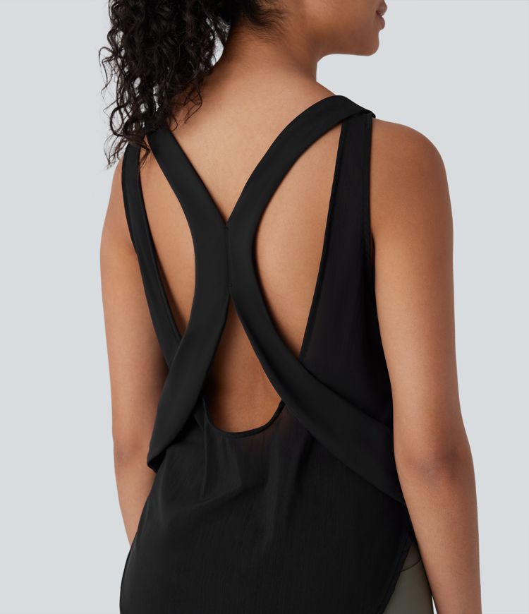 Backless Contrast Mesh Curved Hem Cool Touch Quick Dry Running Tank Top