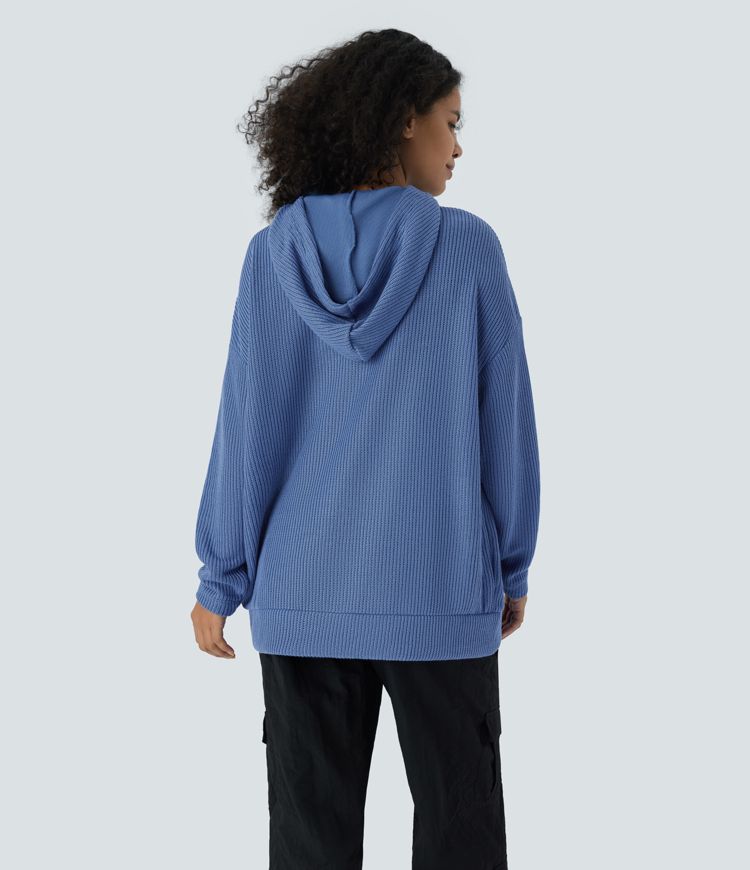 Ribbed Knit Hoodie Drawstring Drop Shoulder Kangaroo Pocket Oversized Casual Sweatshirt