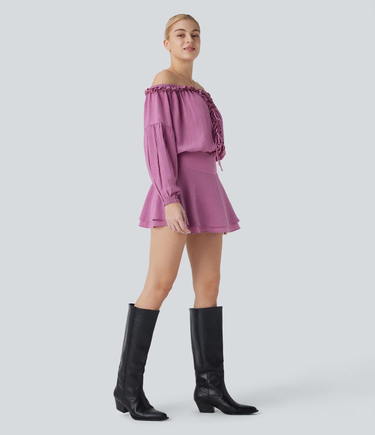 Frill Off Shoulder Long Sleeve Lace Up Invisible Zipper Tiered Mini Resort Dress