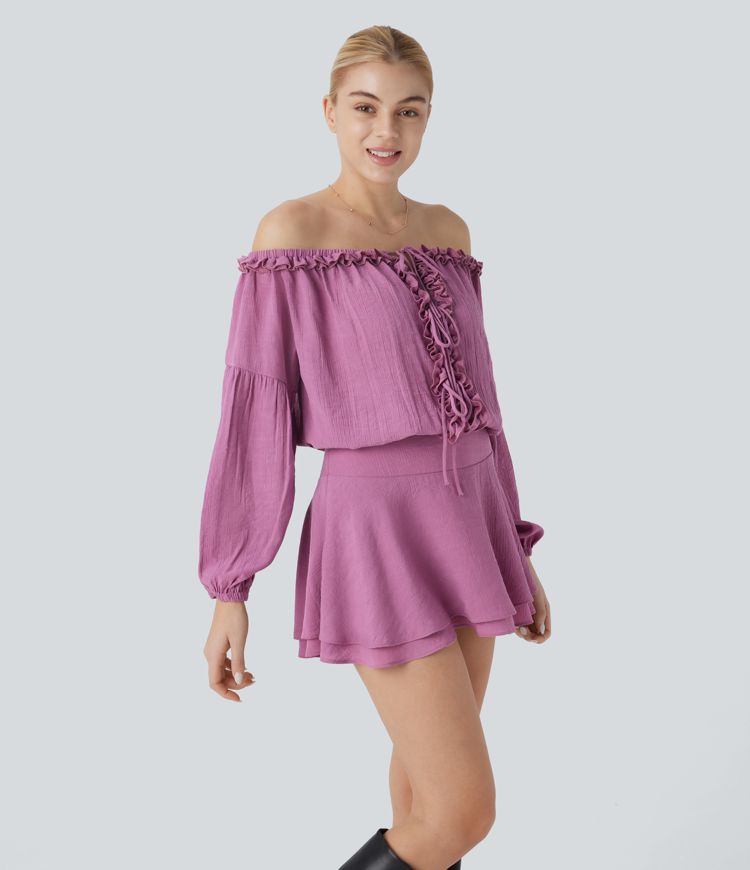 Frill Off Shoulder Long Sleeve Lace Up Invisible Zipper Tiered Mini Resort Dress