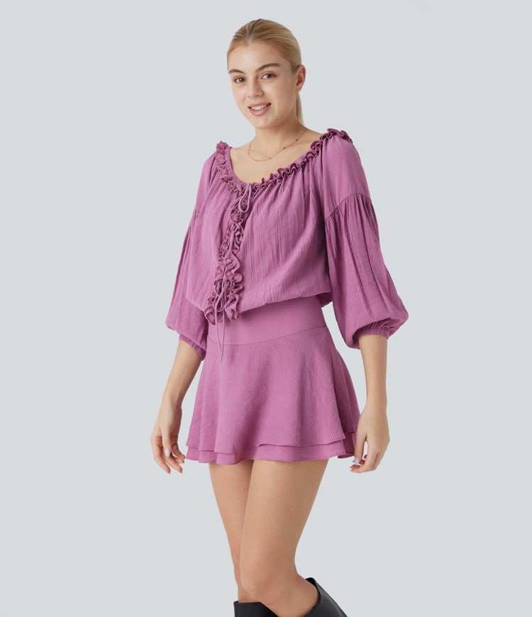 Frill Off Shoulder Long Sleeve Lace Up Invisible Zipper Tiered Mini Resort Dress