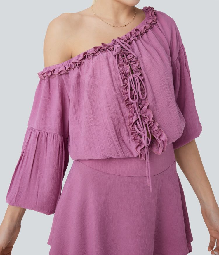 Frill Off Shoulder Long Sleeve Lace Up Invisible Zipper Tiered Mini Resort Dress