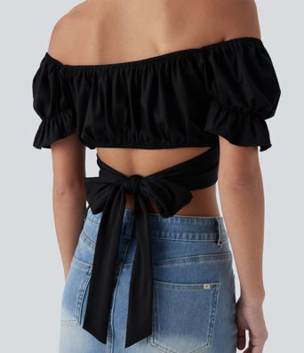 Top Court décontracté à Manches Bouffantes avec Liens Croisés au Dos
