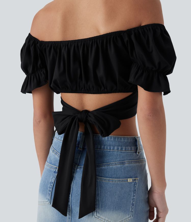 Top Court décontracté à Manches Bouffantes avec Liens Croisés au Dos