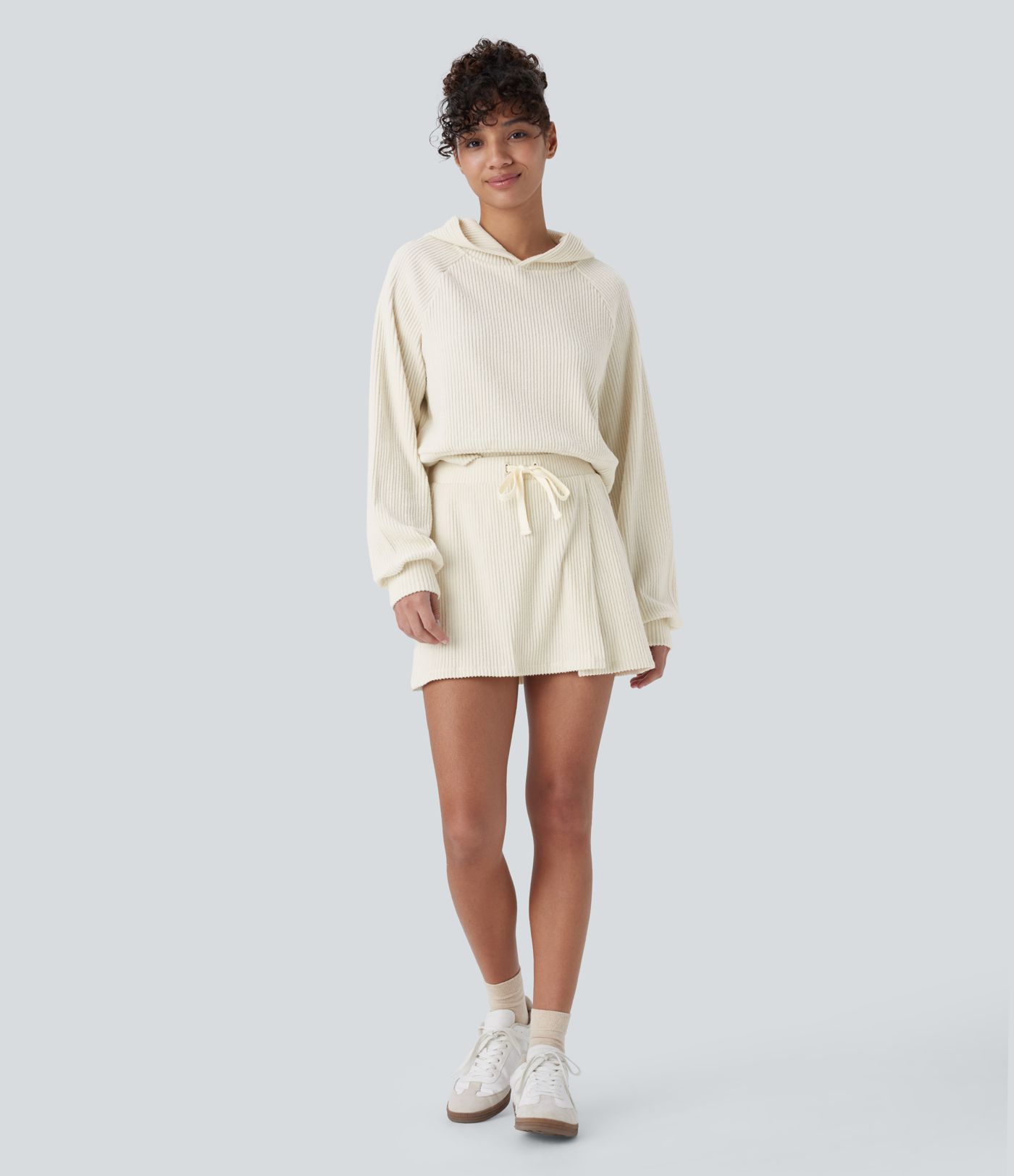 Jupe courte décontractée 2-en-1 avec poche et cordon de serrage, côtelée, taille mi-haute