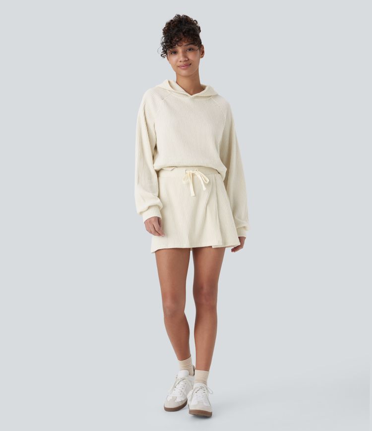 Ribbed Knit Mid Rise Drawstring Split Back Pocket 2-in-1 Mini Casual Skirt