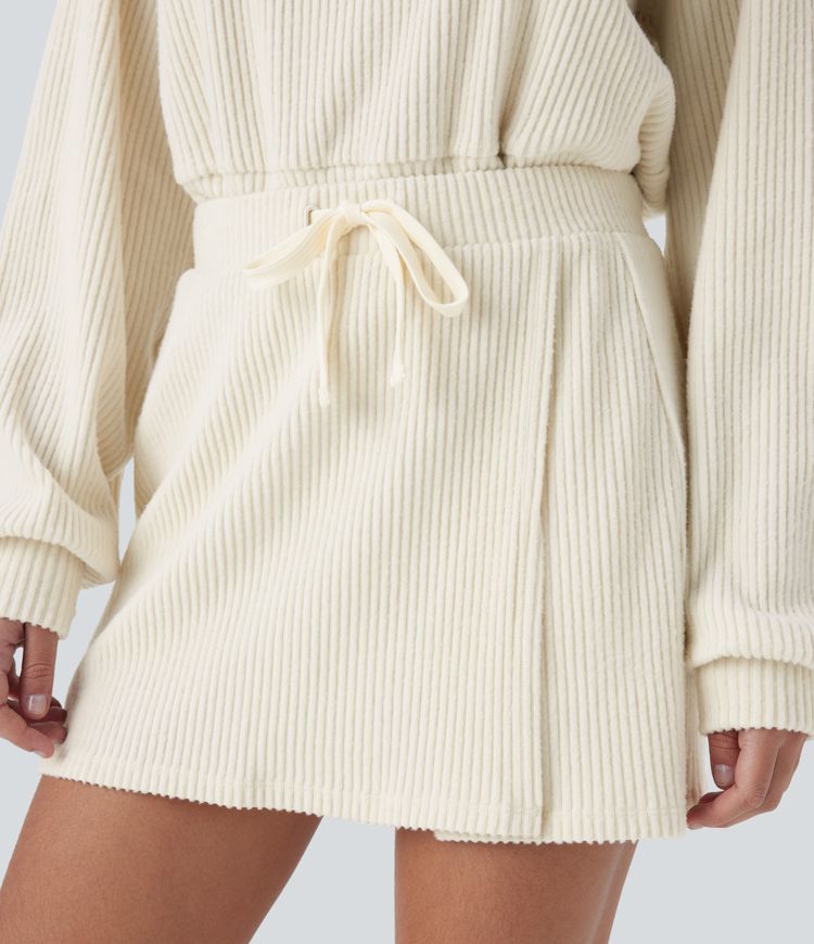 Ribbed Knit Mid Rise Drawstring Split Back Pocket 2-in-1 Mini Casual Skirt