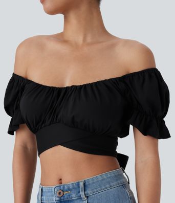 Top Court décontracté à Manches Bouffantes avec Liens Croisés au Dos