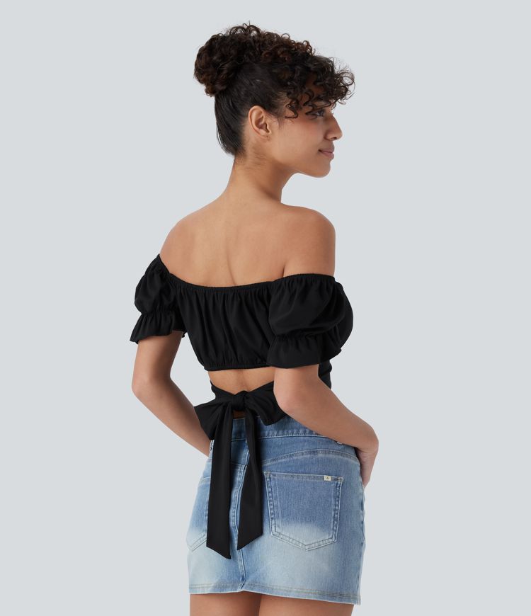 Top Court décontracté à Manches Bouffantes avec Liens Croisés au Dos