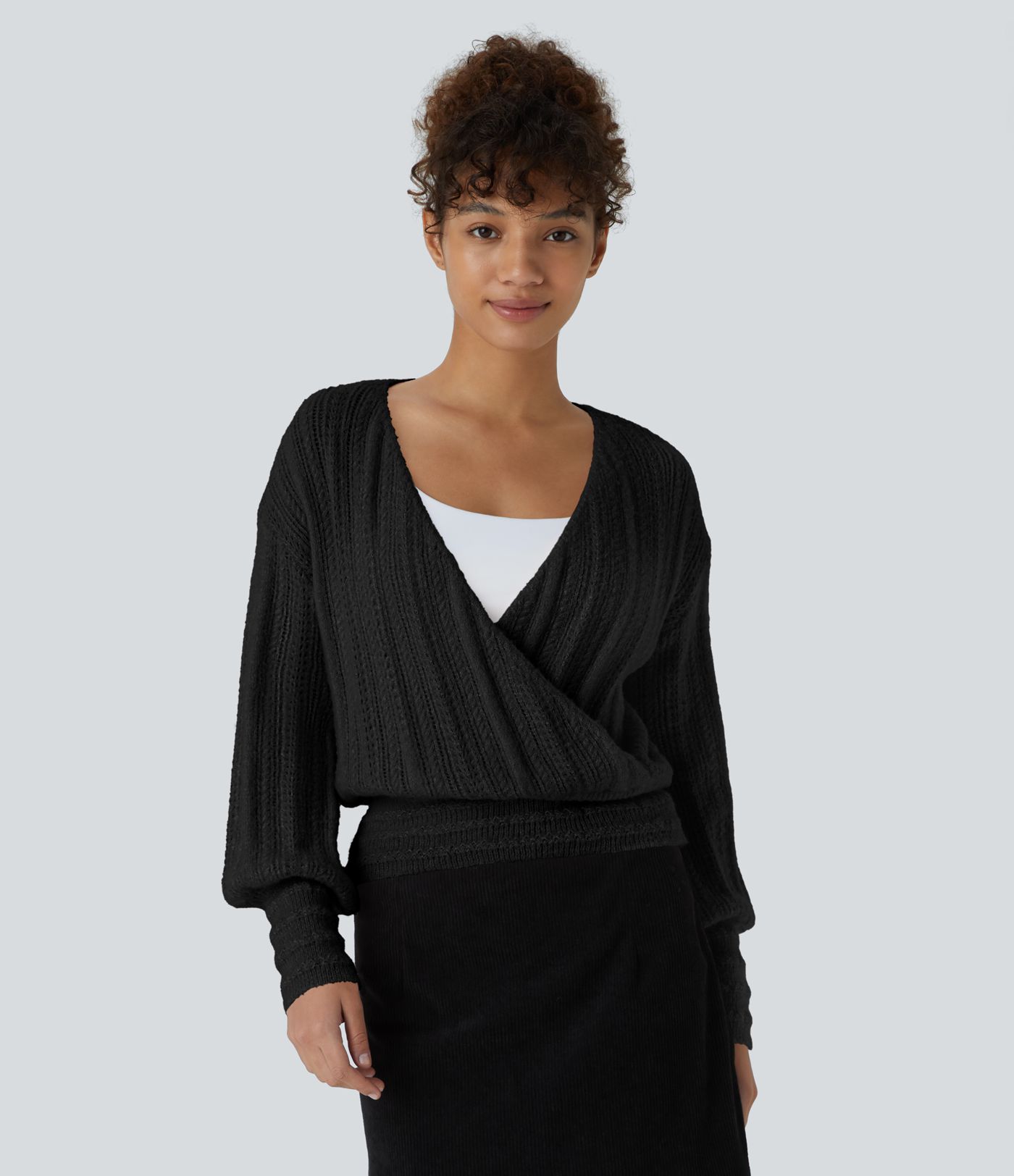 Sheer V Neck Long Sleeve Work Jumper-Front and Back Wearable