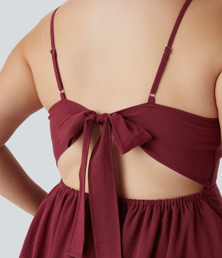 Mini vestido talla grande tacto lino sin espalda tirante ajustable lazo espalda volante escalonado fluido