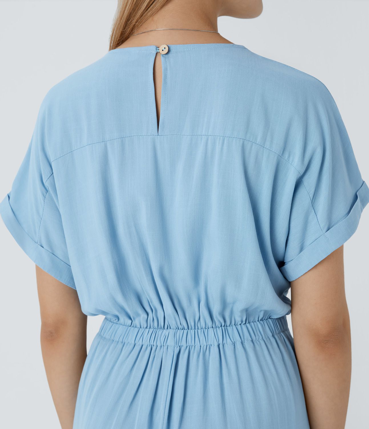 V-neck keyhole back wrap tie side pocket casual jumpsuit