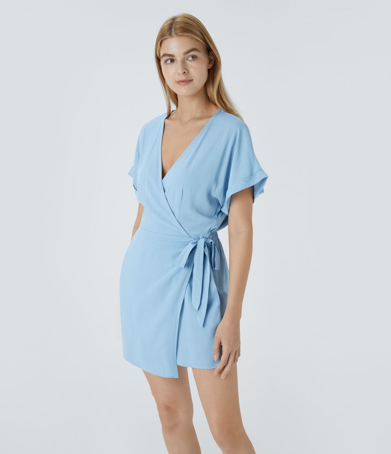 V-neck keyhole back wrap tie side pocket casual jumpsuit