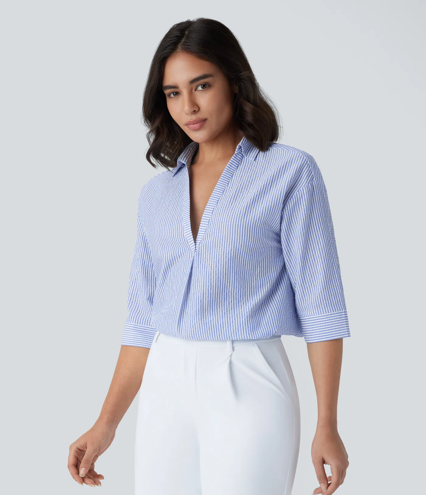 Half Sleeve Curved Hem Stripe Work Blouse