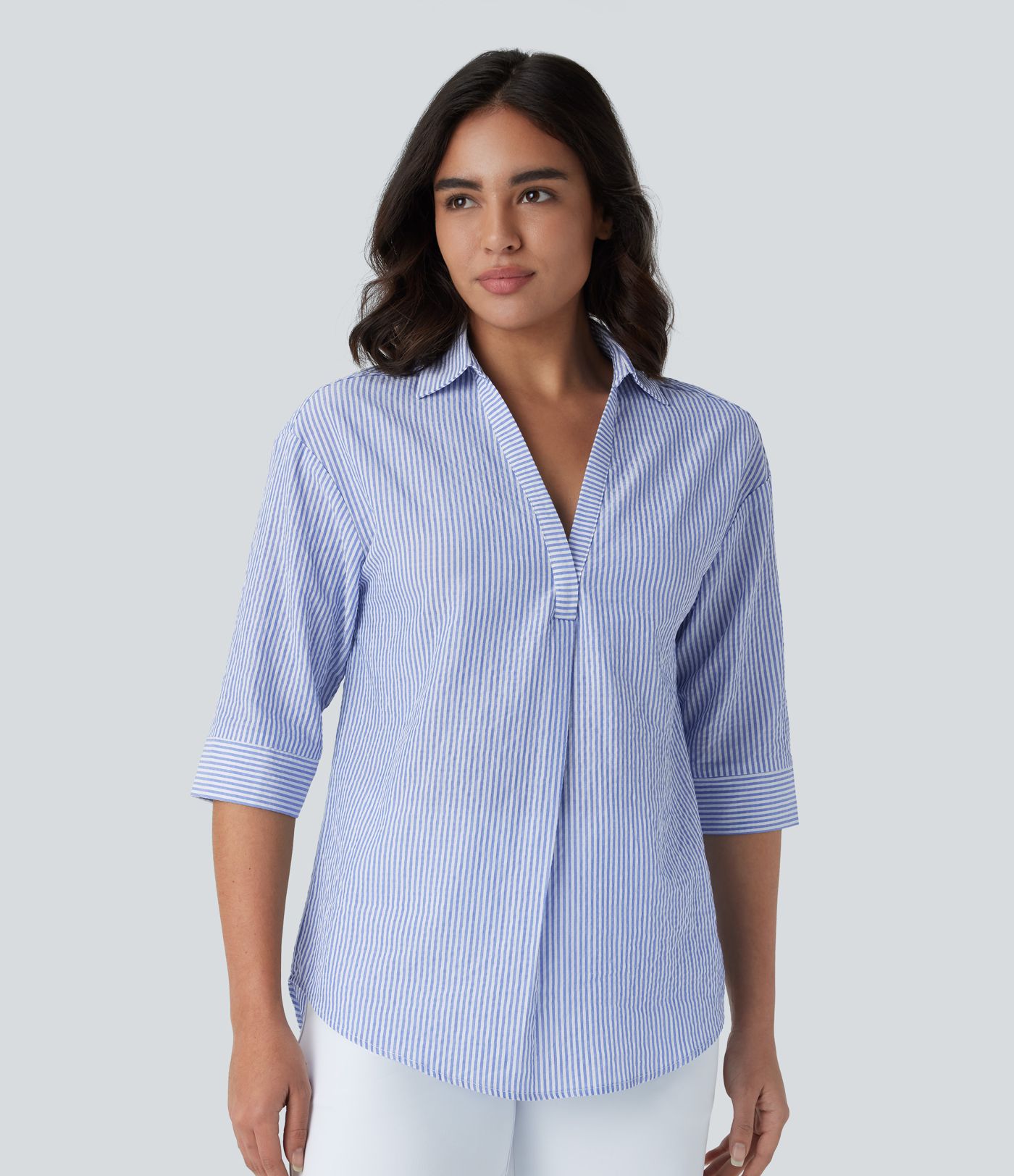 Chemisier de Travail à Rayures avec Ourlet Incurvé et Manches Mi-Longues
