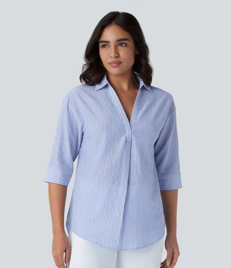 Chemisier de Travail à Rayures avec Ourlet Incurvé et Manches Mi-Longues