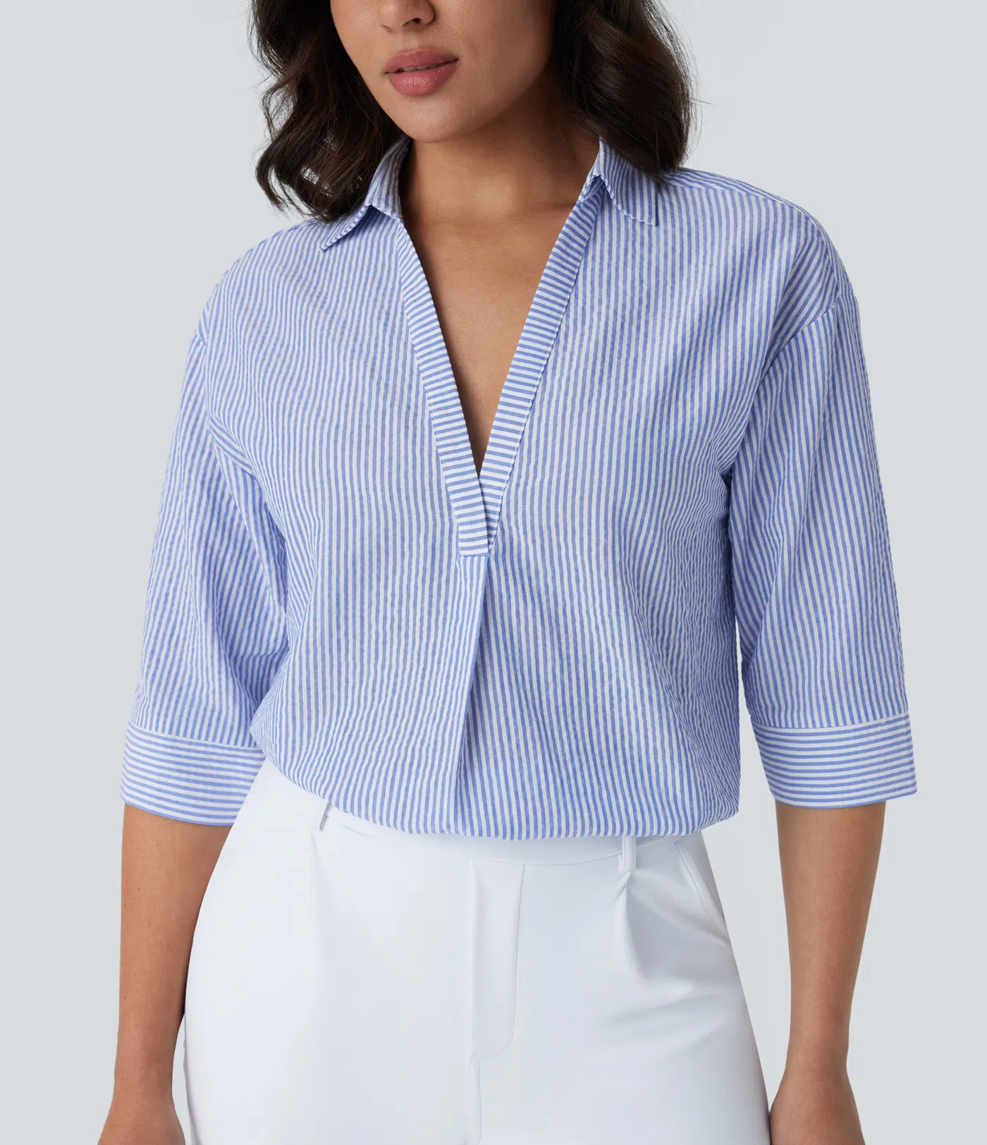 Half Sleeve Curved Hem Stripe Work Blouse