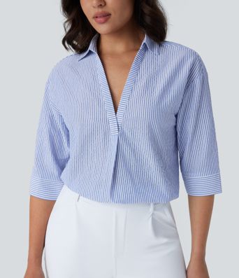 Chemisier de Travail à Rayures avec Ourlet Incurvé et Manches Mi-Longues