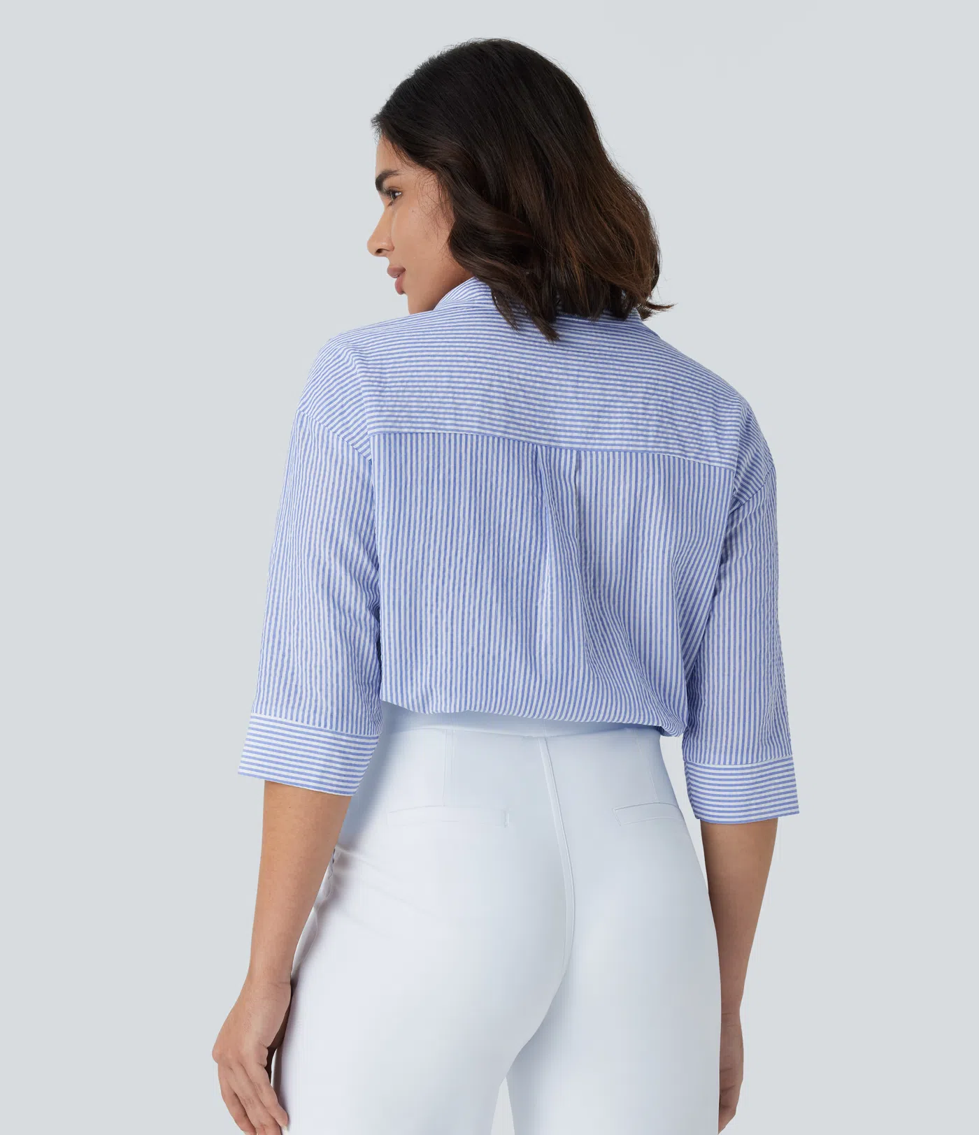 Half Sleeve Curved Hem Stripe Work Blouse
