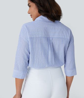 Chemisier de Travail à Rayures avec Ourlet Incurvé et Manches Mi-Longues