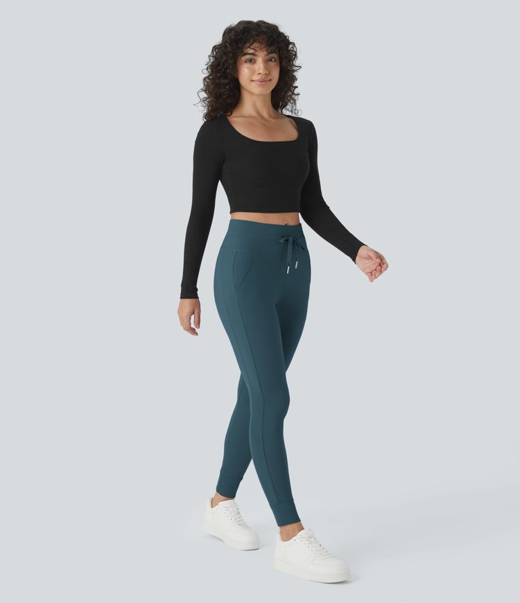 SoftlyZero™ Plush High Waisted Drawstring Pocket Plain Full Length Joggers