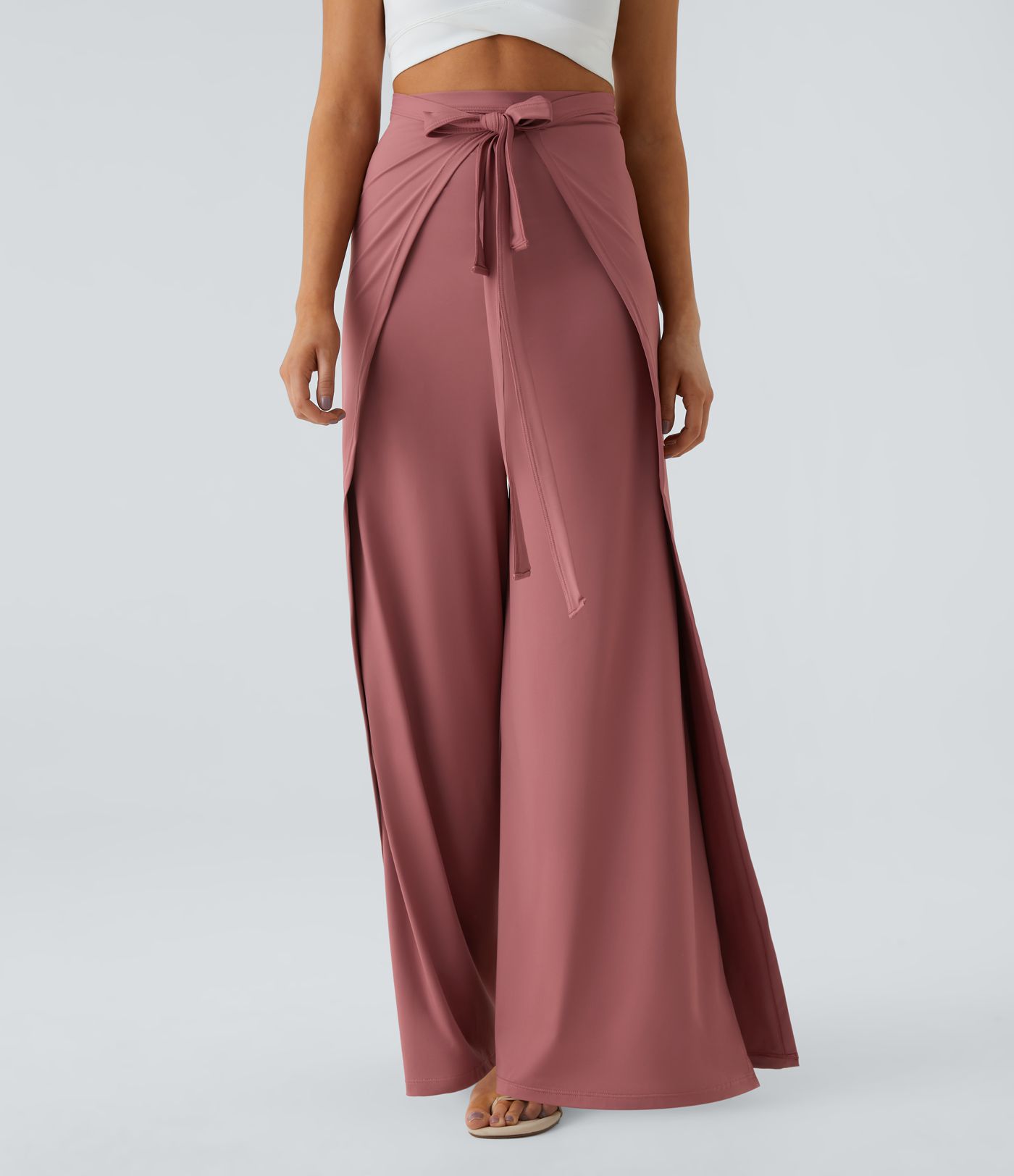 High Waisted Tie Front Hem Palazzo Wide Leg Flowy Casual Pants