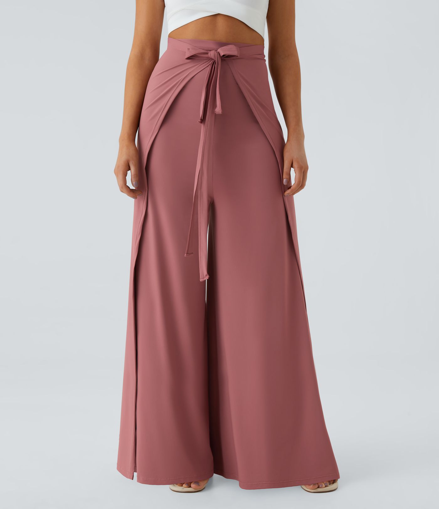 High Waisted Tie Front Hem Palazzo Wide Leg Flowy Casual Pants