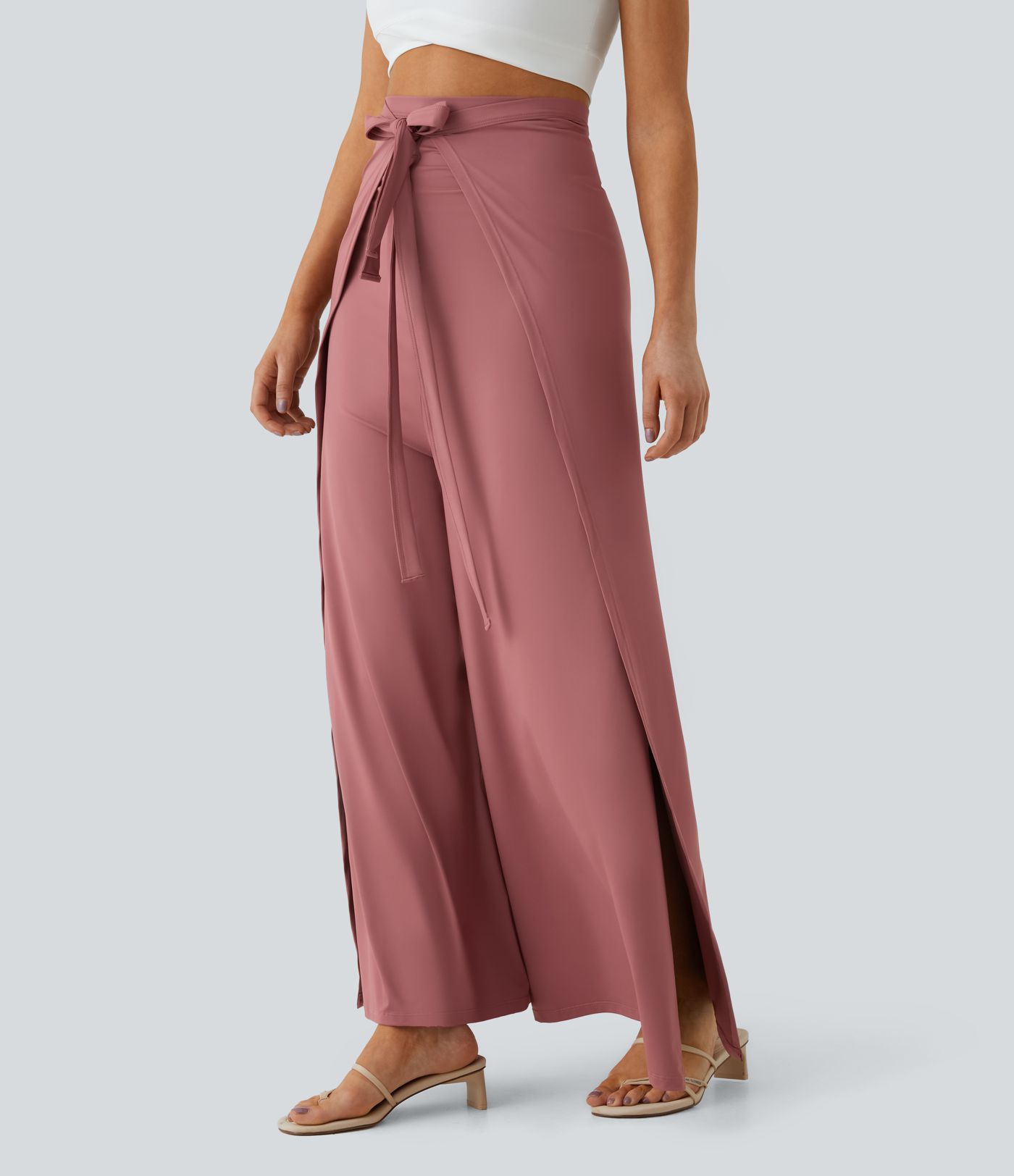 High Waisted Tie Front Hem Palazzo Wide Leg Flowy Casual Pants