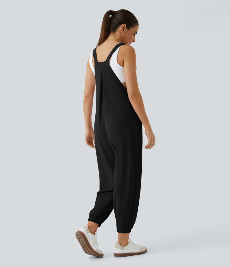 Adjustable Strap Button Multiple Pockets Plicated Waffle Casual Jogger Overalls