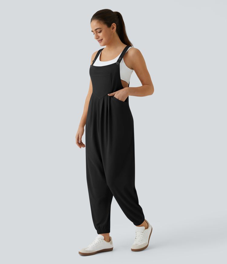 Adjustable Strap Button Multiple Pockets Plicated Waffle Casual Jogger Overalls