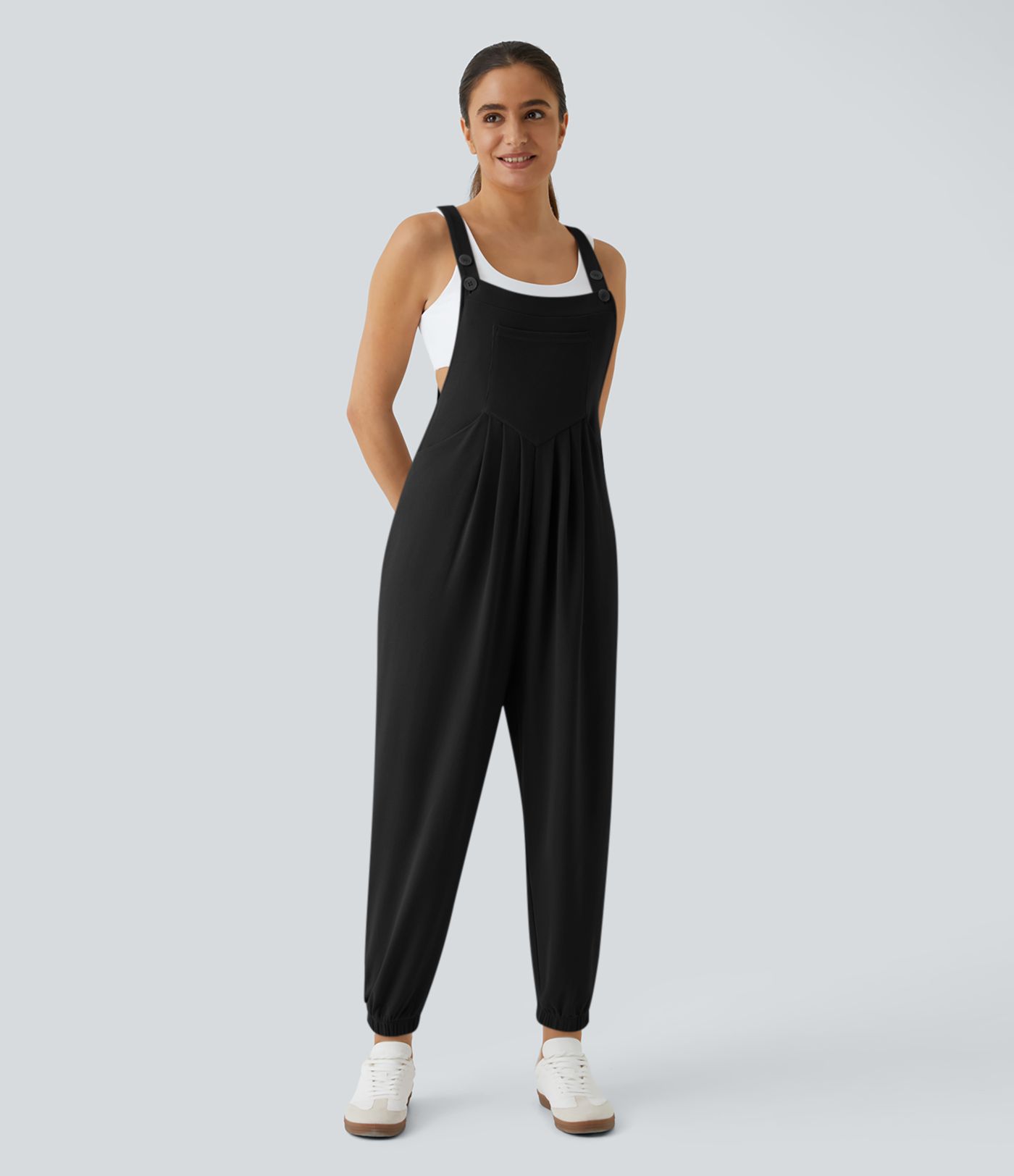 Jogger-Jumpsuit mit verstellbarem Gürtel und Knöpfen, mehreren Taschen und Waffelmuster