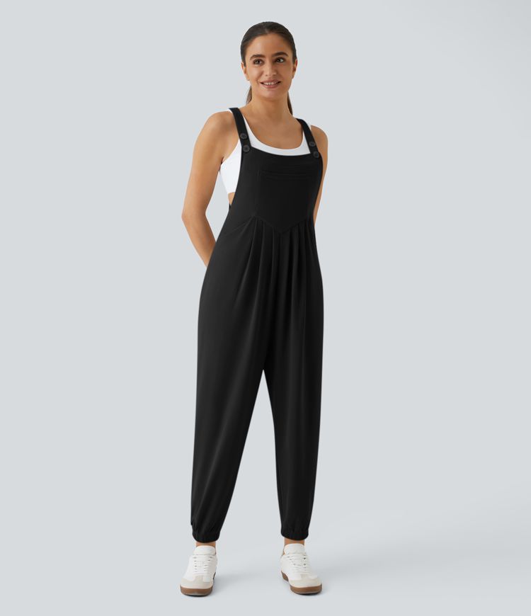 Jogger-Jumpsuit mit verstellbarem Gürtel und Knöpfen, mehreren Taschen und Waffelmuster