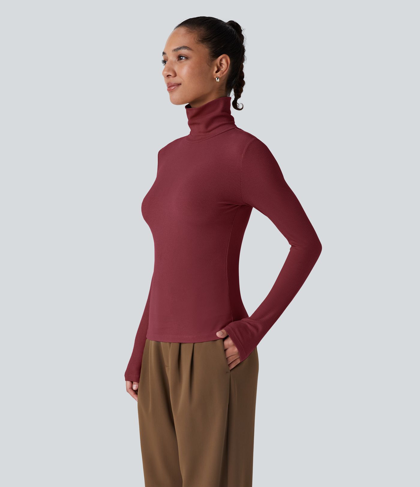 Ribbed Knit High Collar Long Sleeve Casual Top