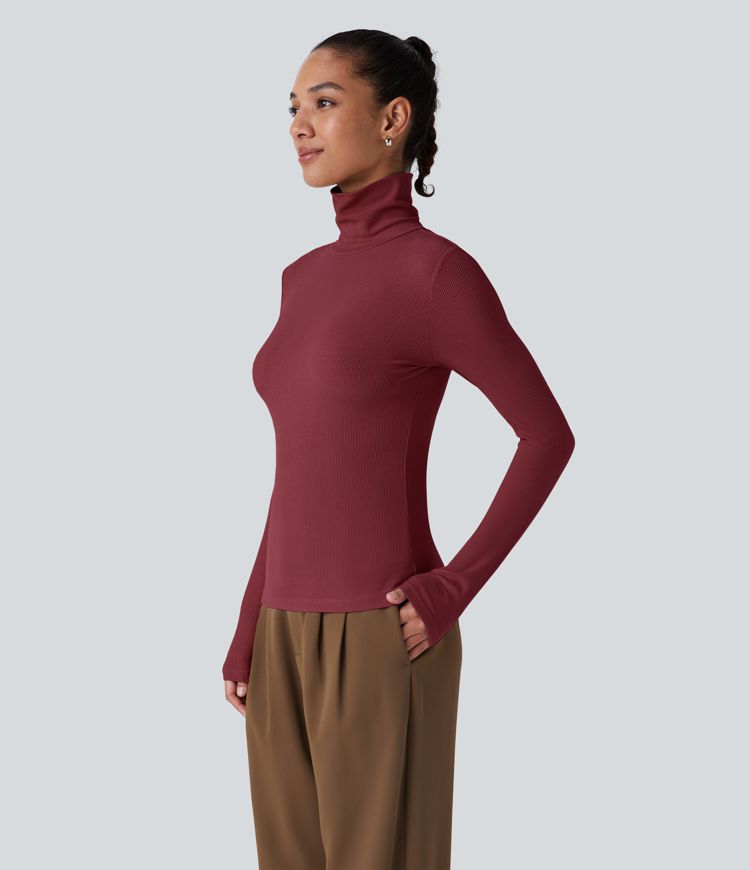 Ribbed Knit High Collar Long Sleeve Casual Top