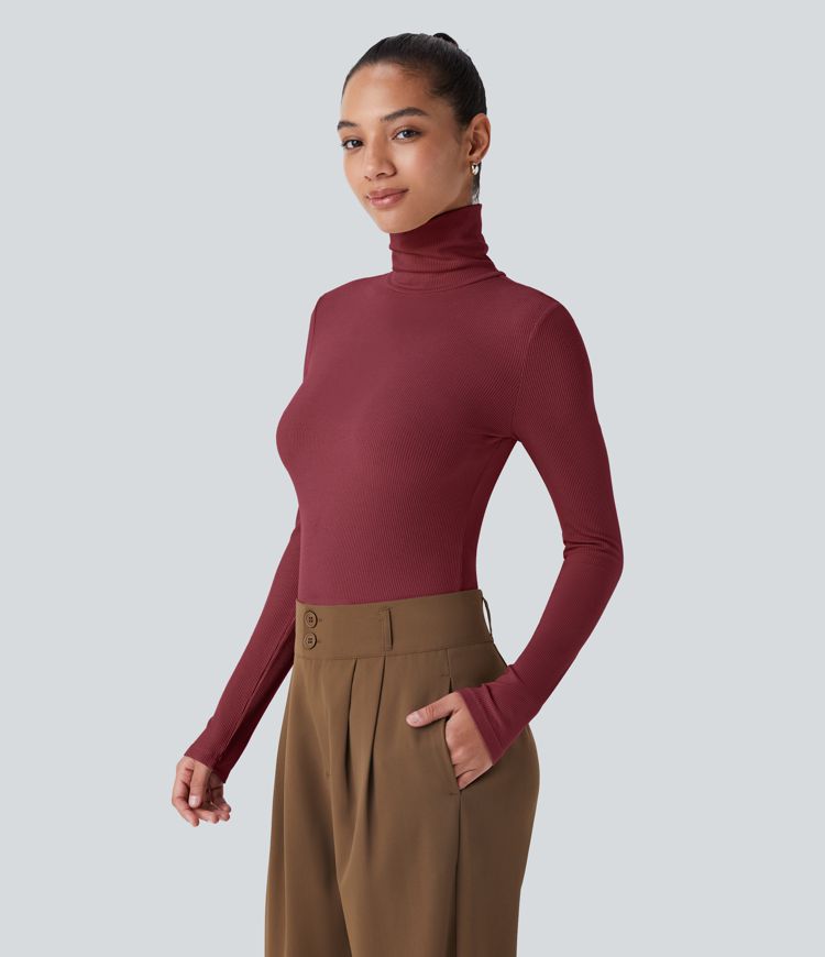 Ribbed Knit High Collar Long Sleeve Casual Top