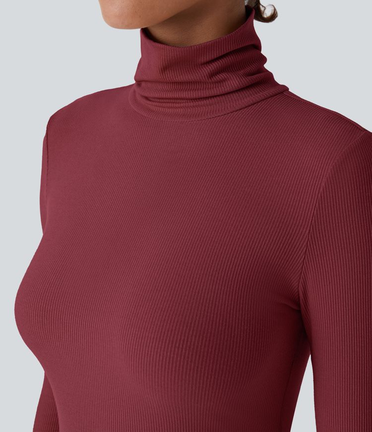 Ribbed Knit High Collar Long Sleeve Casual Top