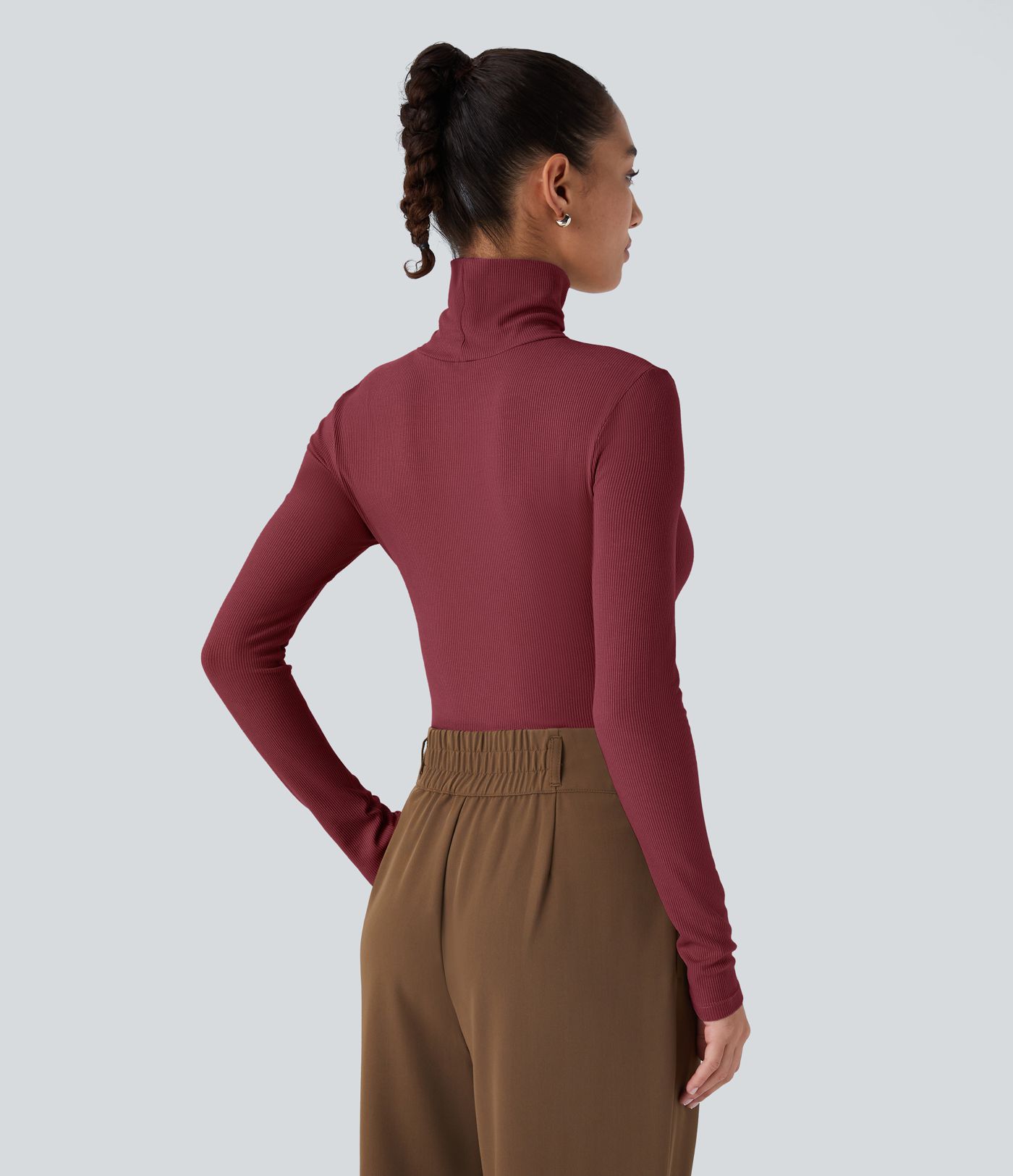 Ribbed Knit High Collar Long Sleeve Casual Top