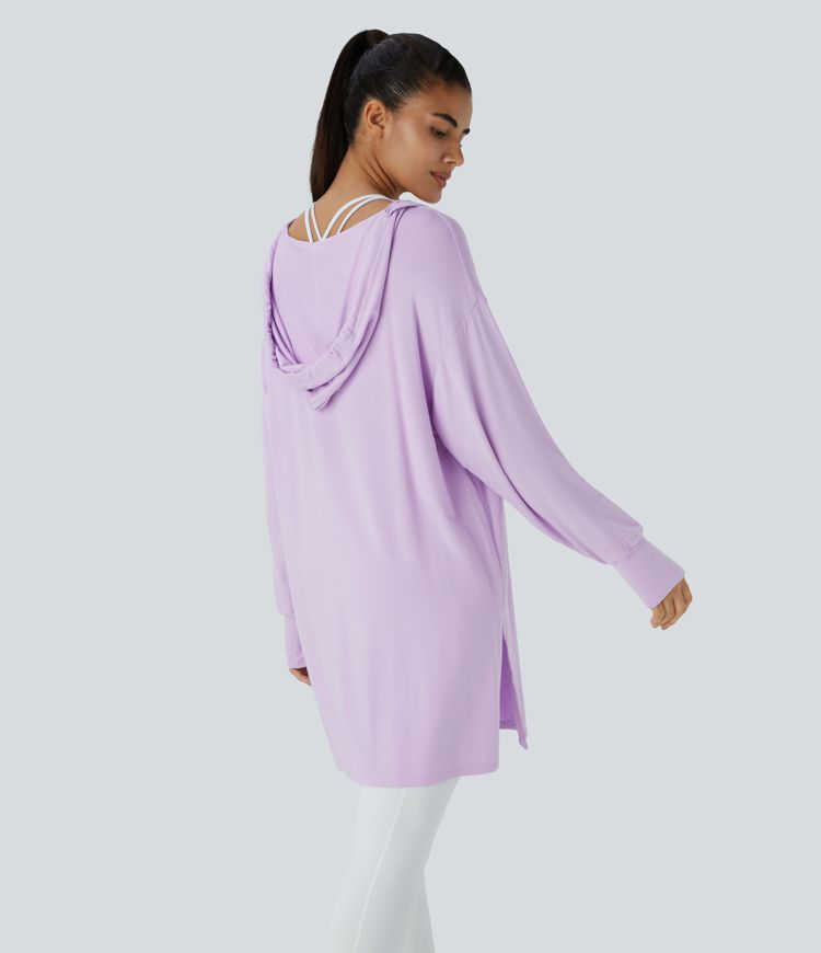 Hooded V Neck Drawstring Thumb Hole Split Longline Casual Sweatshirt