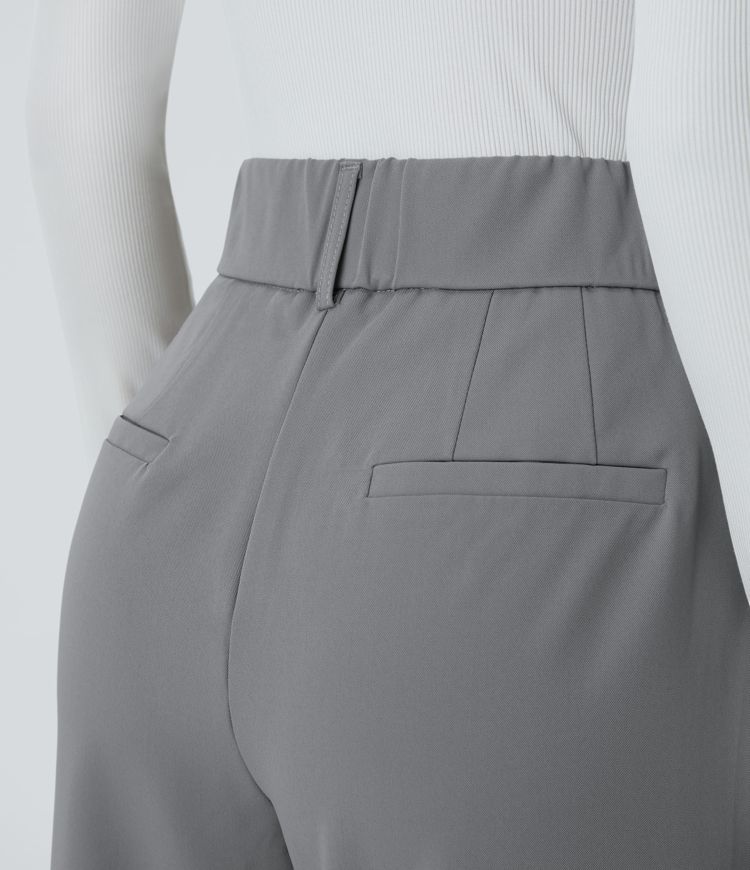 High Waisted Pocket Solid Work Tapered Trousers