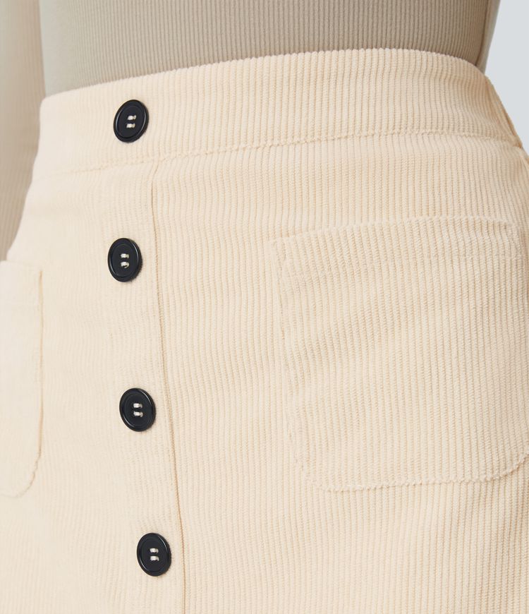High Waisted Button Front Side Pocket Zipper 2-in-1 Corduroy Mini Casual Skirt