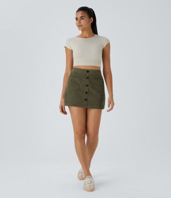 Lässiger 2-in-1 Mini-Hosenrock aus Cord mit hohem Bund, Knopfleiste und Reißverschluss